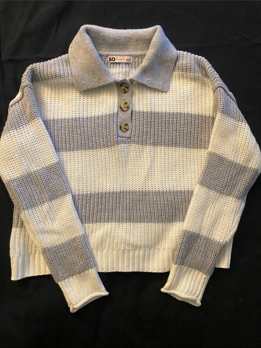 SO Striped V-Neck Polo Sweater in Cream and Light Gray